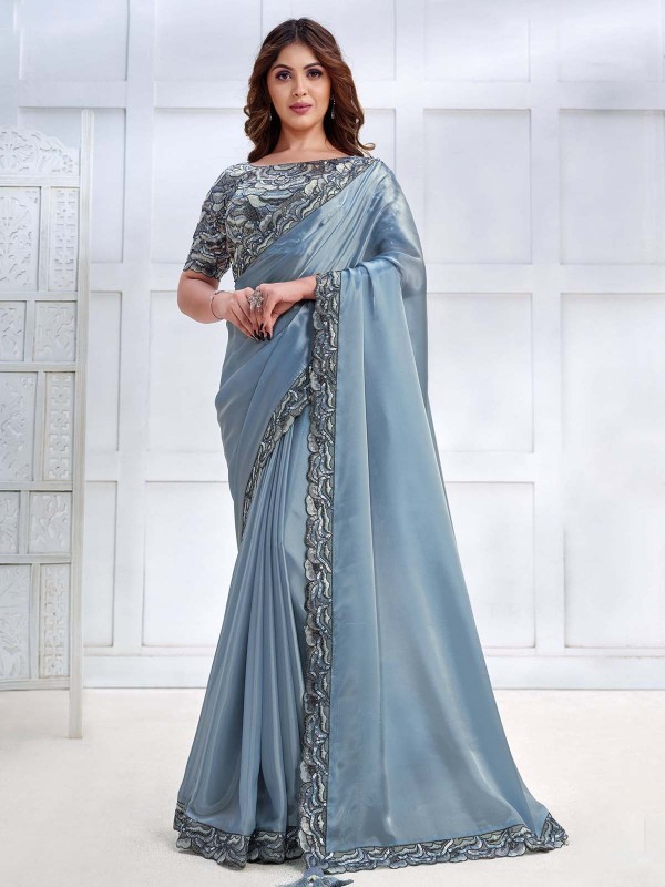 Light Blue Crepe Satin Silk Saree